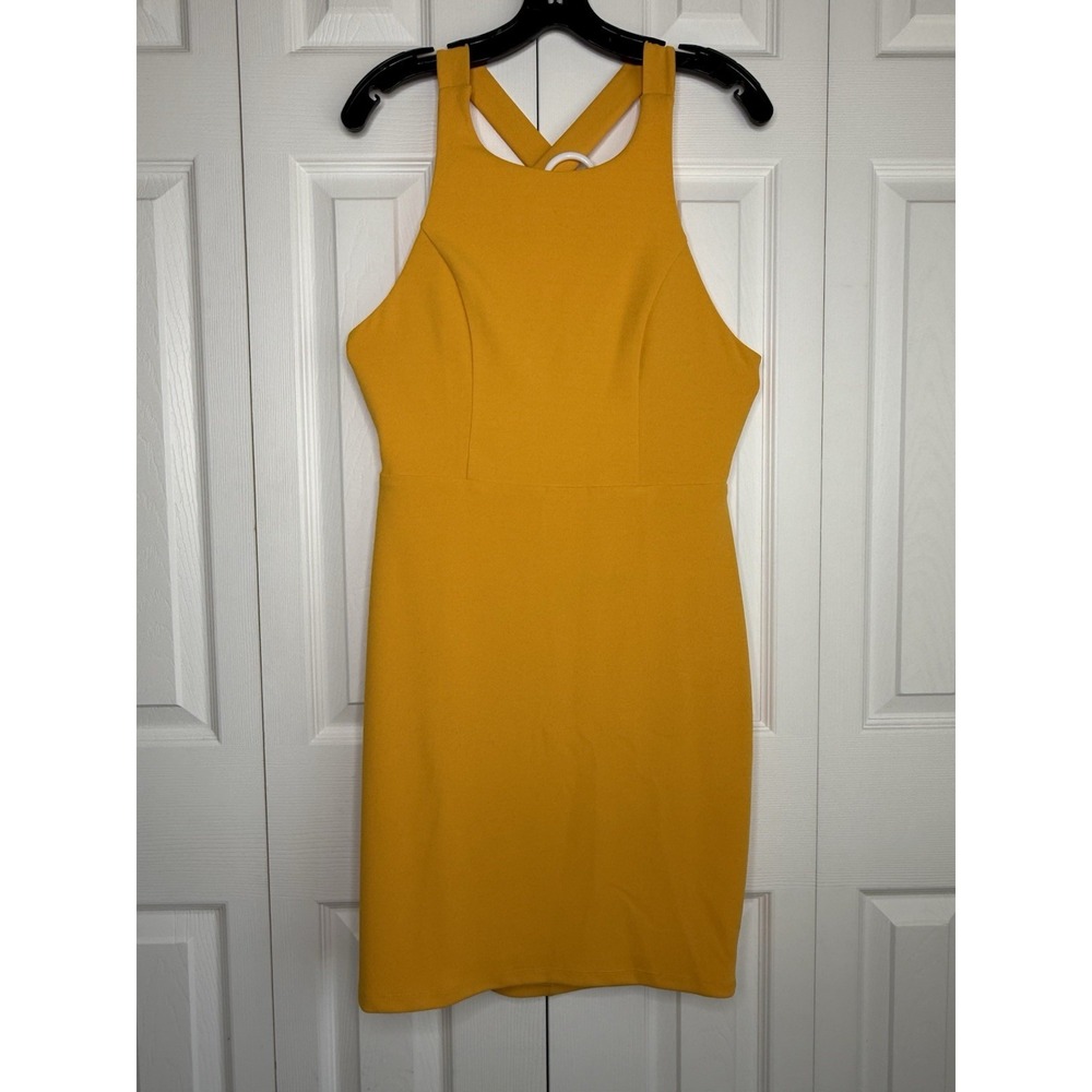 Lulu's Dress Sleeveless Open Back Mustard Yellow Halter Neck Fitted Textured L